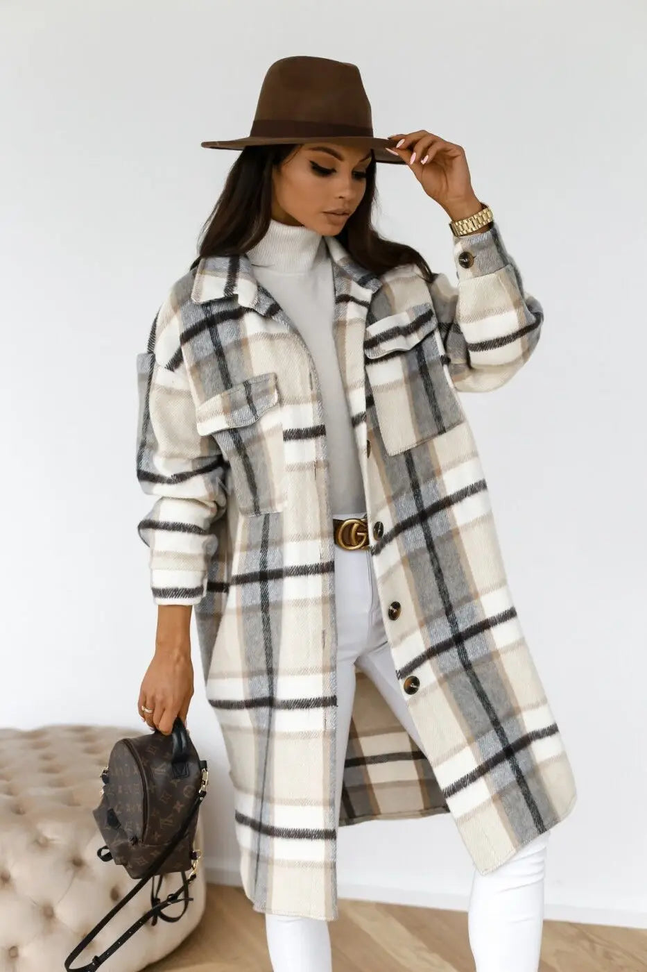 Women's Casual Oversized Winter Checker Jackets Coats Oversized Winter Checker Jackets Coats Turn Down Collar Long Outwear Thick Warm Woolen Blends Overcoats