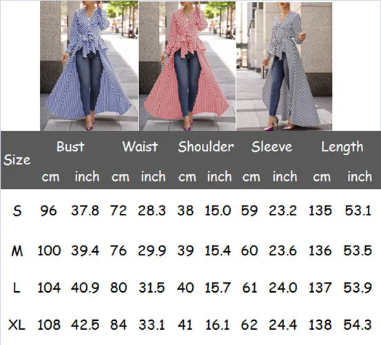 Women Casual Stripe Long Sleeve Blouse Shirt V-Neck Maxi Dress Business office lady Dress