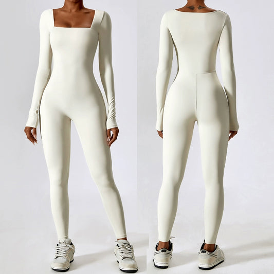 Tight Long Sleeve Yoga Wear Naked Women Fitness Exercise Quick-Drying Yoga Jumpsuit with Chest Pad