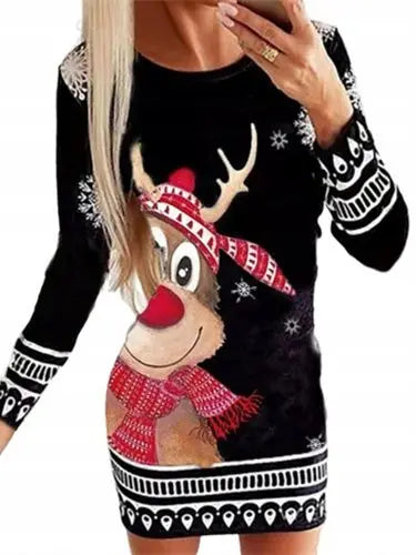 Women's Black White Snowflake Deer Pattern Dress Autumn Winter Long Sleeve Bodycon Mini Dress Elegant Red Christmas Dresses