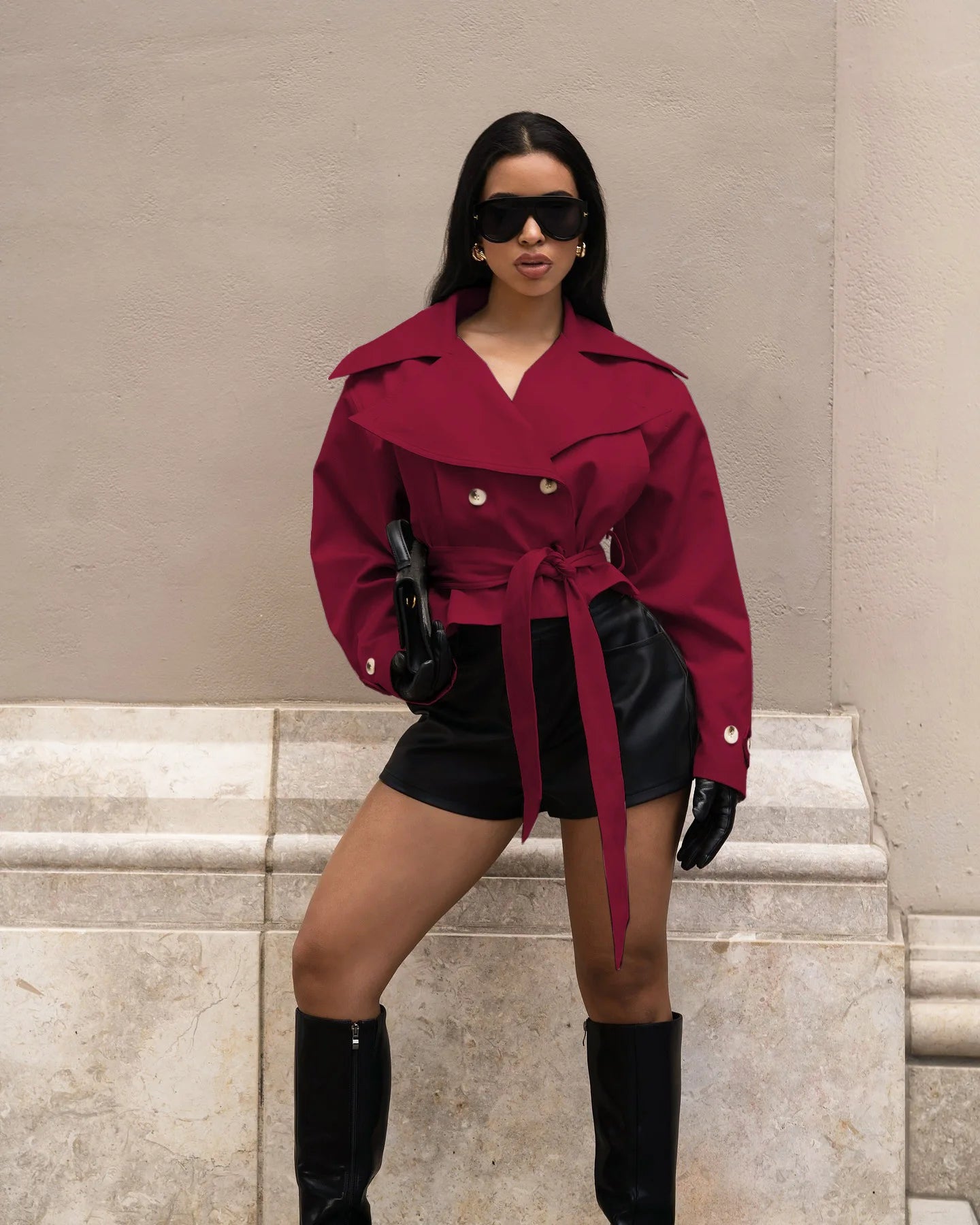 Women's New Lace Up Cropped Trench Coats Lapel Long Sleeves Wide Shoulder Windbreaker Jacket Fall Commuting Daily Jackets