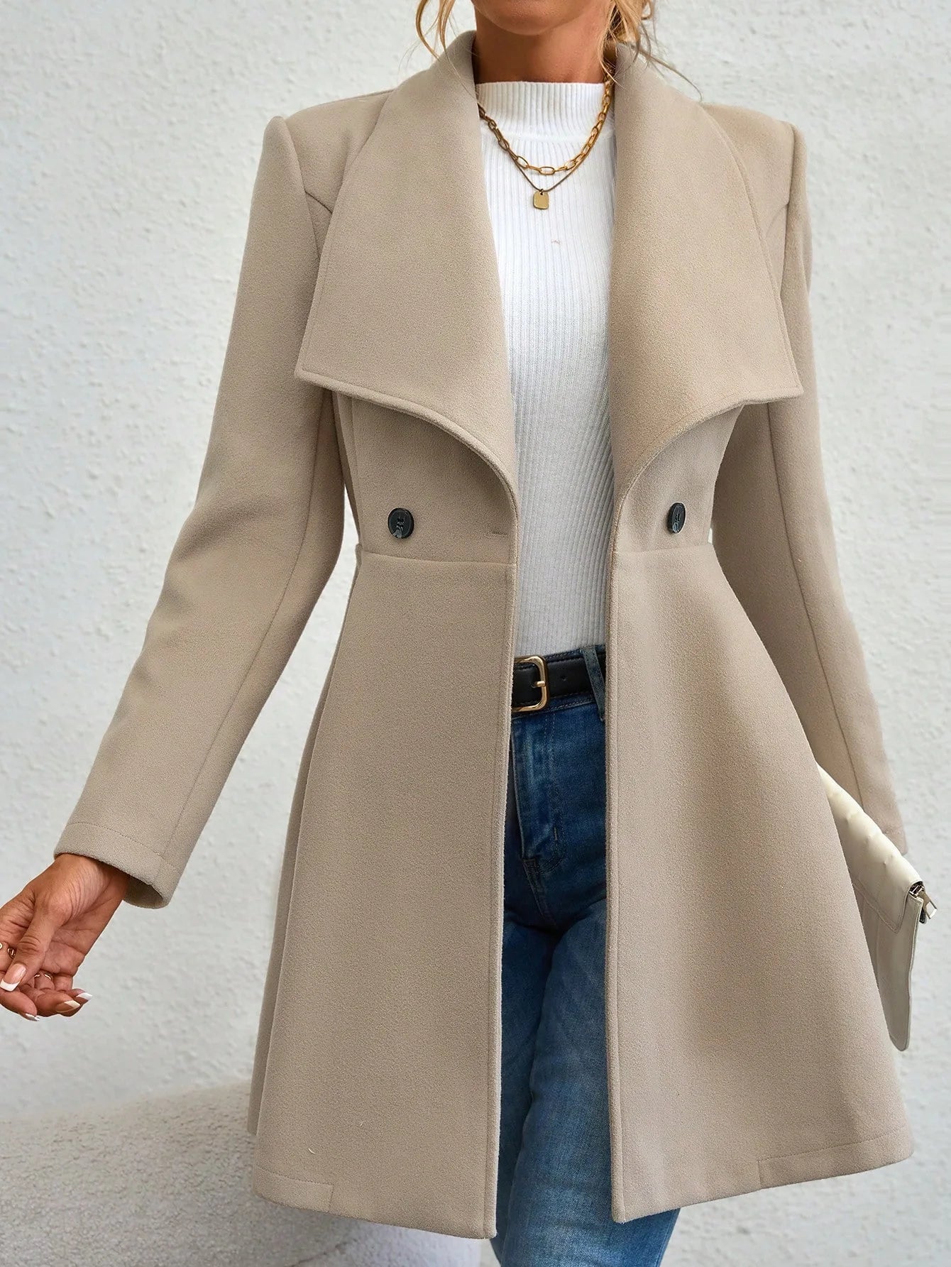 Women's Casual Solid Color Double-button Trendy Slim Long Sleeve Turn-down Collar Wool Coats Female Clothes