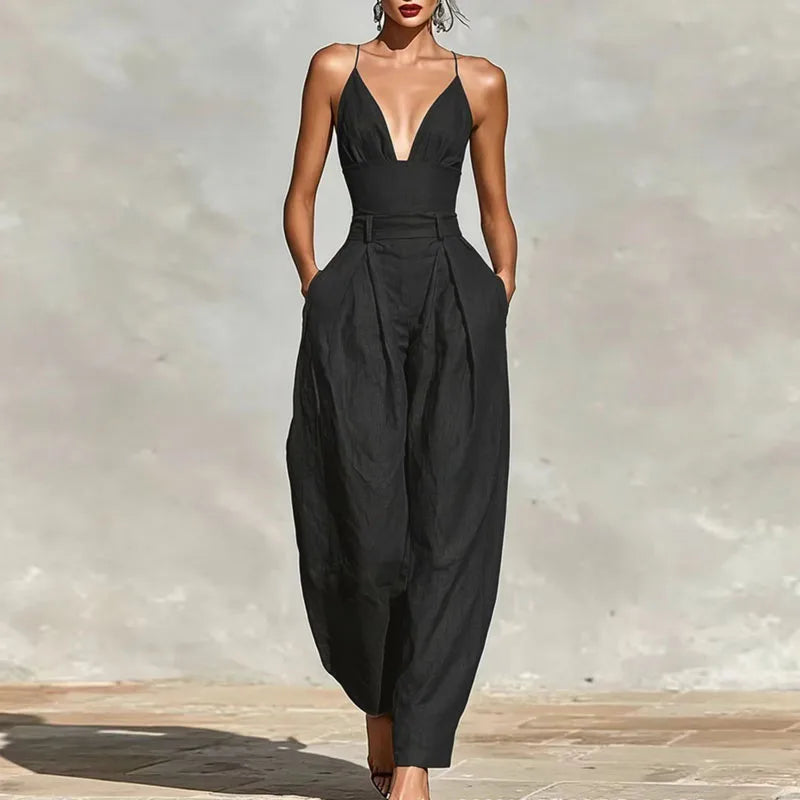 Women's 2026 Solid Sleeveless Jumpsuit Spaghetti Strap V Neck High Waist Loose Leg Overalls Holiday Backless With Pockets Jumpsuit