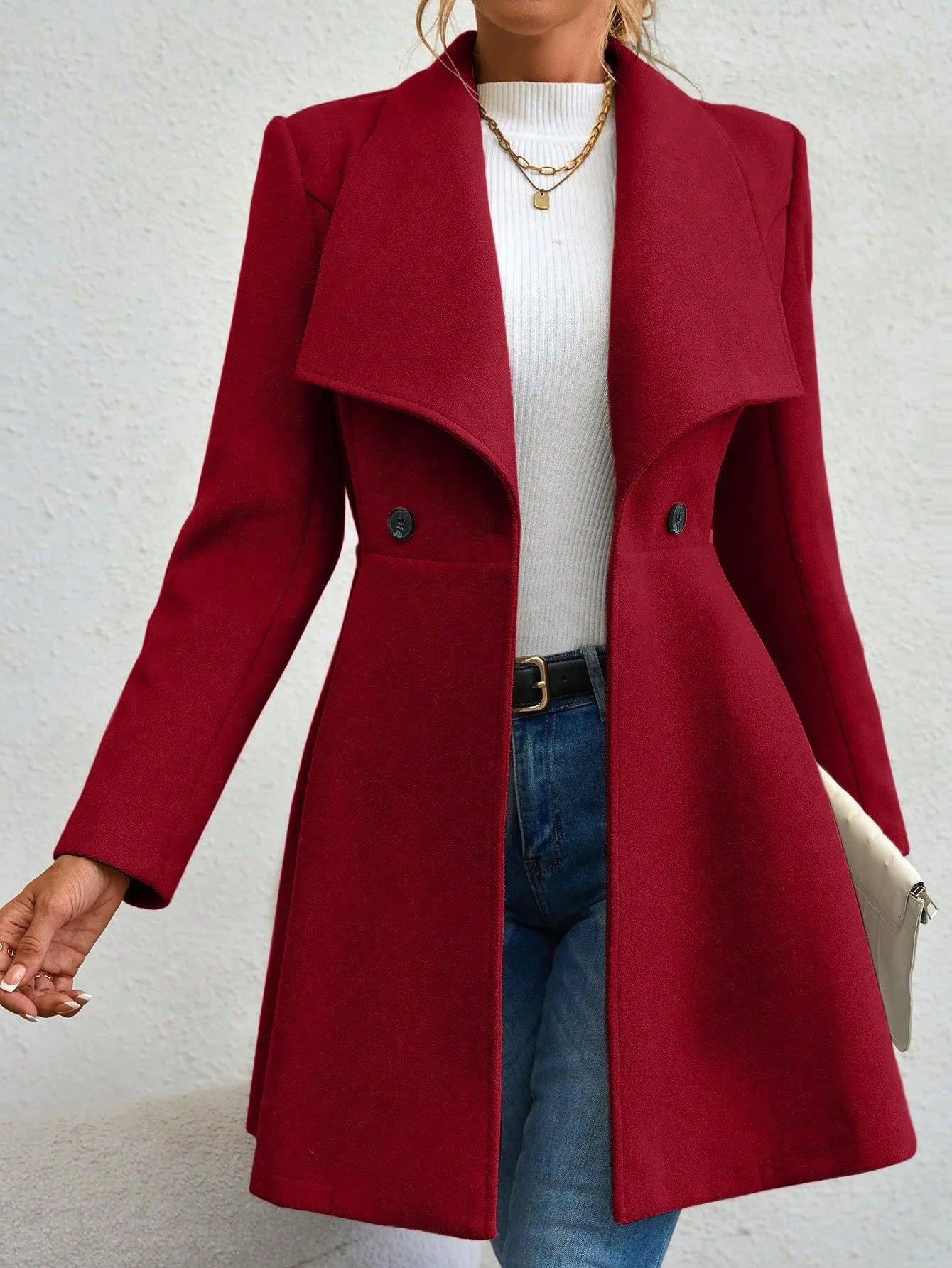 Women's Casual Solid Color Double-button Trendy Slim Long Sleeve Turn-down Collar Wool Coats Female Clothes