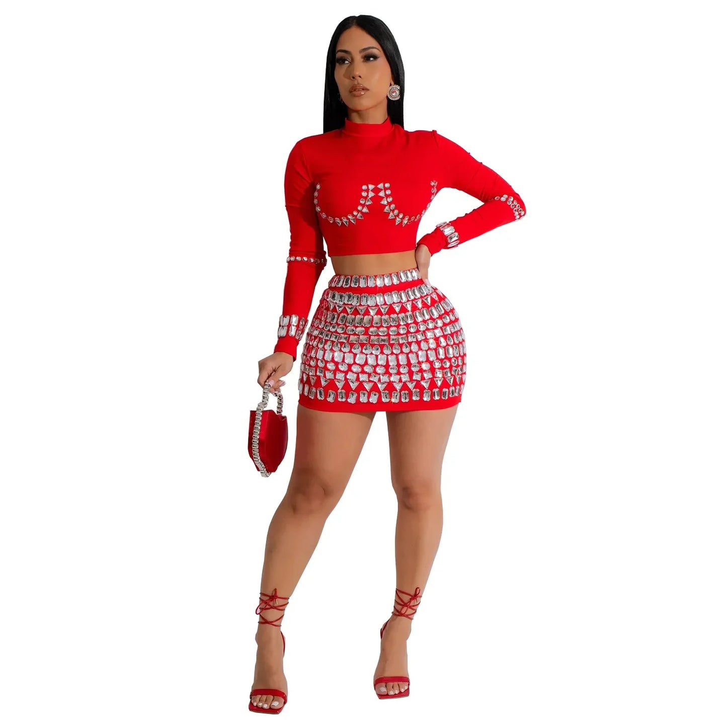 Women's Luxury Rhinestone Mini Skirts Two-Piece Sets Women Round Neck Long Sleeve Crop Top and Skirts Outfit