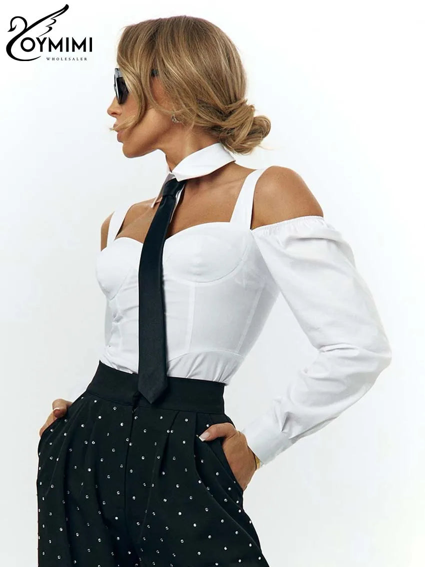Women's Elegant White Lapel Shirts Long Sleeve Off The Shoulder Blouses Casual Slip Button Shirts Female Clothing