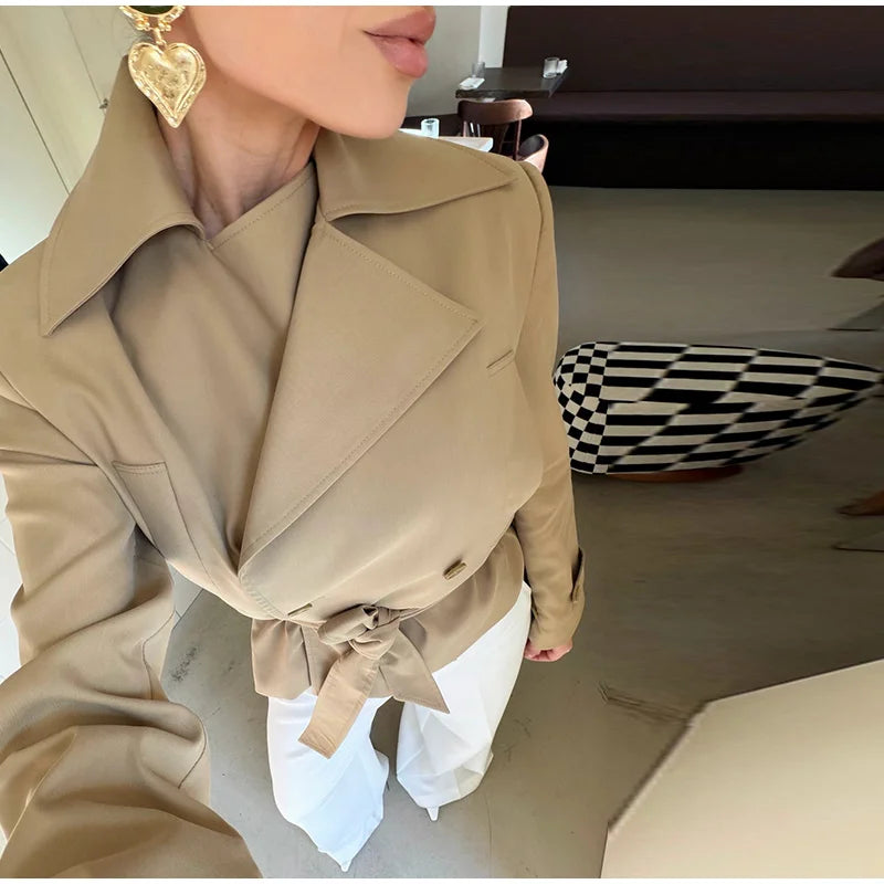 Women's Solid Colors All-match Crop Jackets High Neck Button Front Belted Waist Long Sleeve Metal Buckle Cuff Coat 2026 Autumn Chic Coats