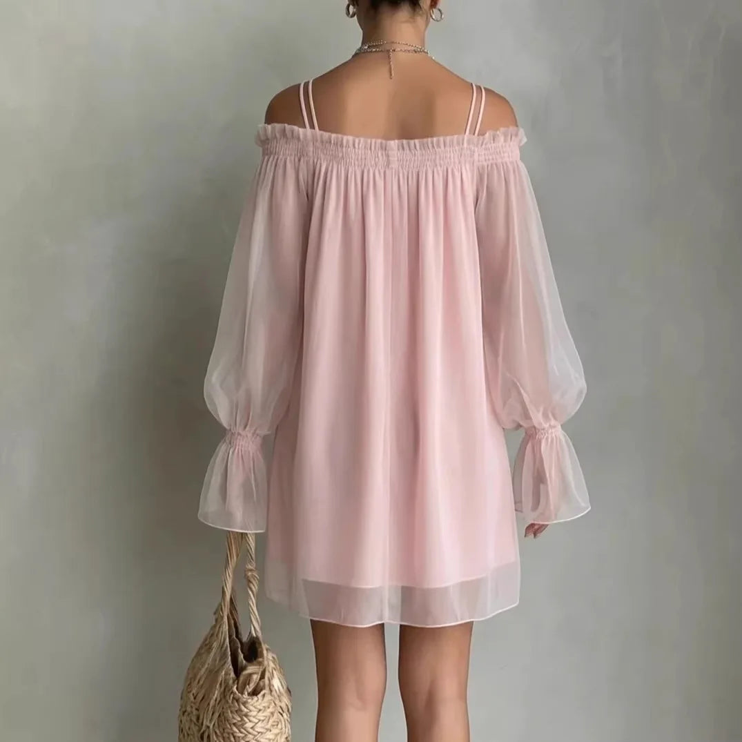 Women's Elegant Double Strap Off Shoulder Dresses Sweet Fairy Mini Loose Dresses Summer New Sheer Mesh Long Sleeve Ropa Muje