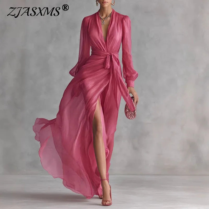 Elegant Deep V Neck Hollow Party Wrap Dresses Tie Waist High Slit Long Dress Femme Solid Long Sleeve Maxi Dress