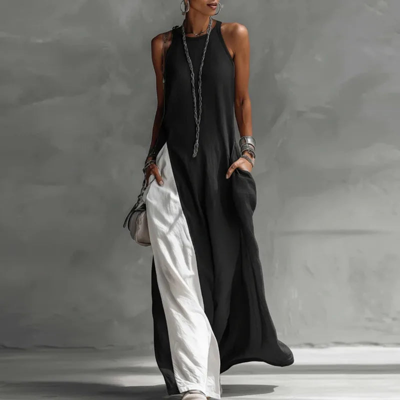 Women's Fashion High Collar Hollow Off-shoulder Women's Knitted Tops 2-piece Set Casual Sleeveless Summer Boho Vacation Maxi Dress Sexy O Neck Contrast Color Long Dress Spring Pocket A-Line Party Dresses