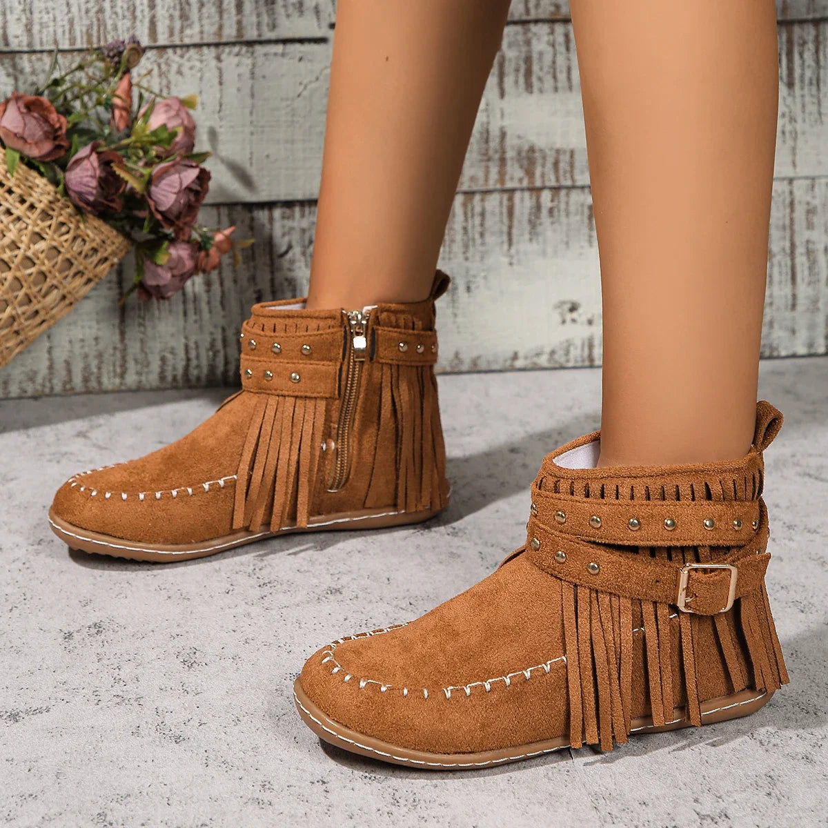 Women New Casual Vintage Winter Boots Solid Color Fringe Booties