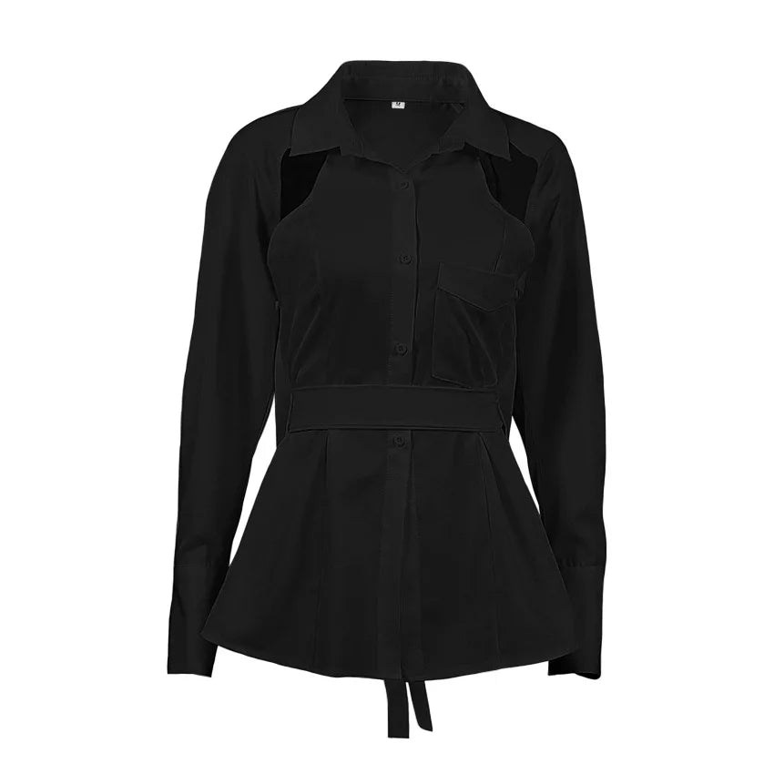 Women Elegant White Blouse Turn-down Collar Long Sleeve Lace Up Blouse Shirts