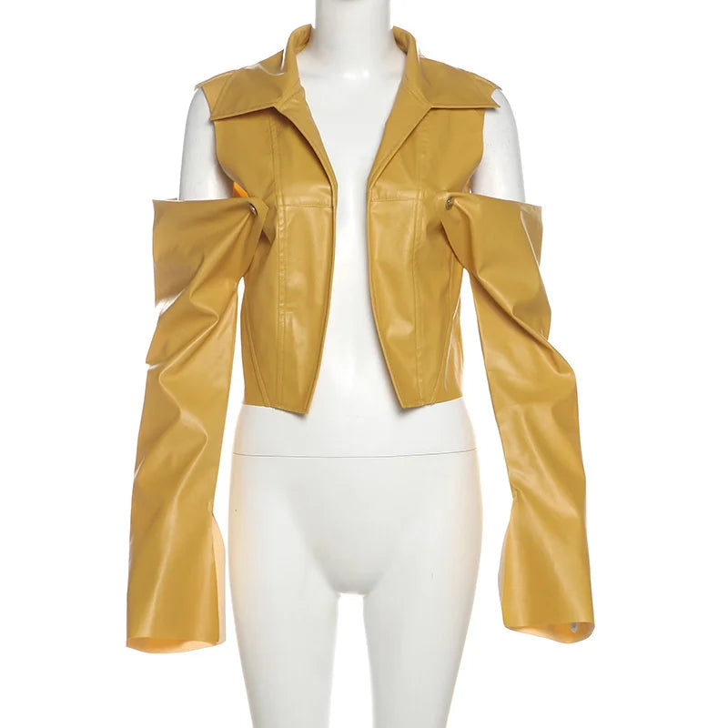 Women's PU Leather Hipster Crop Jacket Shoulder Hollow Long Sleeve Cardigan Autumn Wild Streetwear Patchwork Solid Y2K Trend Coats