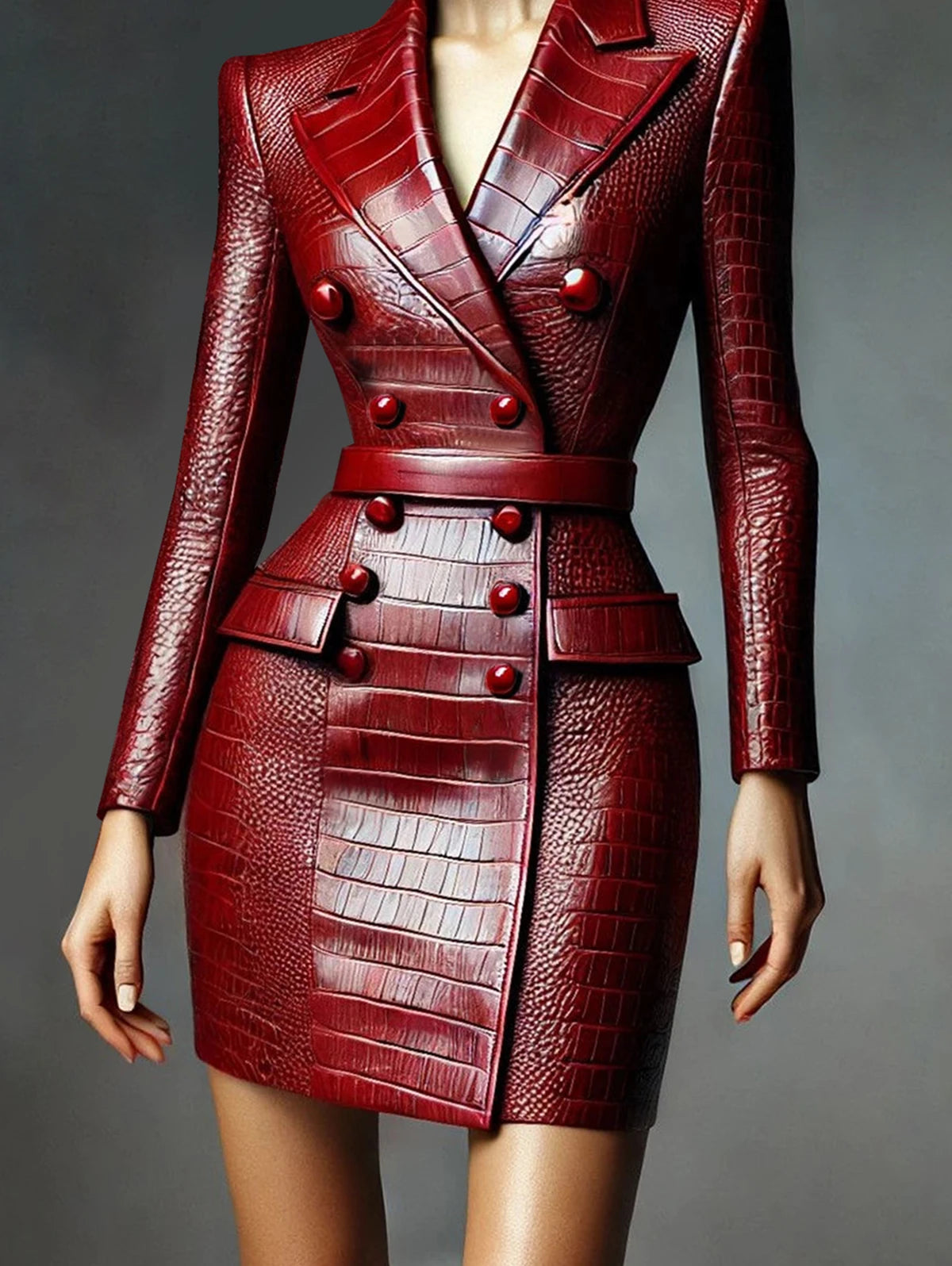 Women's Elegant New PU Leather Double Breasted Alligator Pattern Mini Dress with belt Long Sleeve