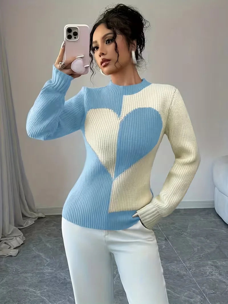 Women's Color-Block Heart Pattern Knitted Pullover for Autumn and Winter, Round Neck, Long-Sleeve, Casual and Versatile