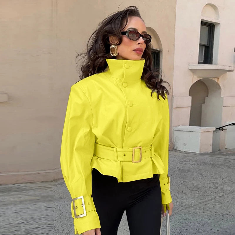 Women's Solid Colors All-match Crop Jackets High Neck Button Front Belted Waist Long Sleeve Metal Buckle Cuff Coat 2026 Autumn Chic Coats