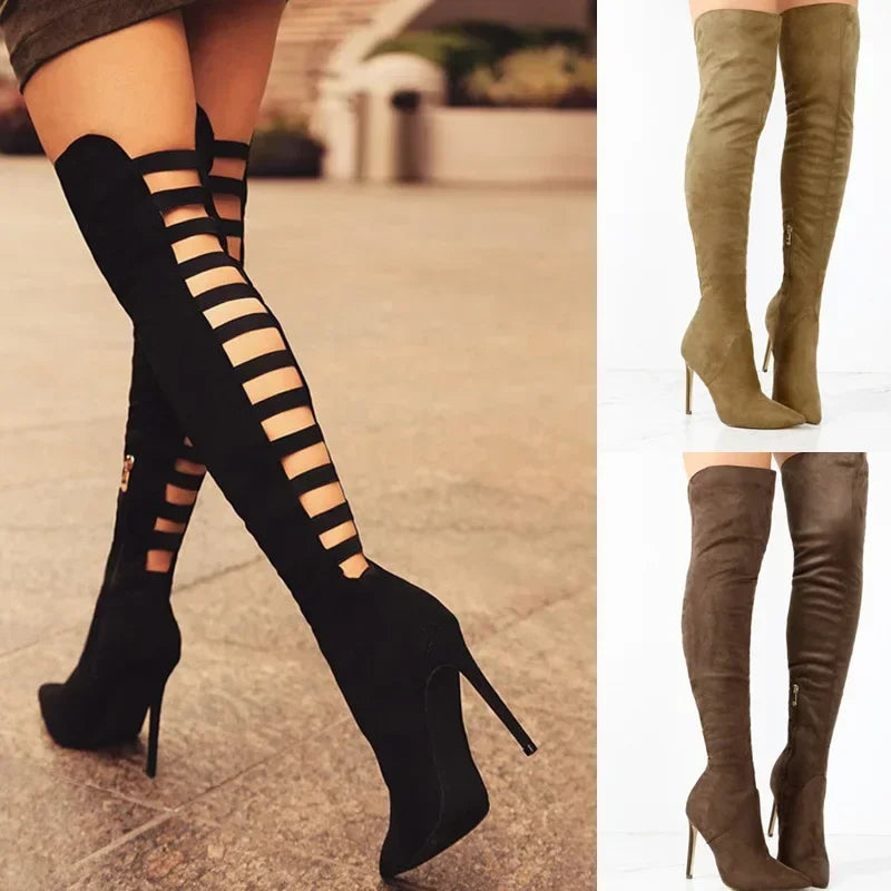 Women's Autumn Black Long Heel Boots Over the Knee Thigh High Heel Boots Stretch Boot