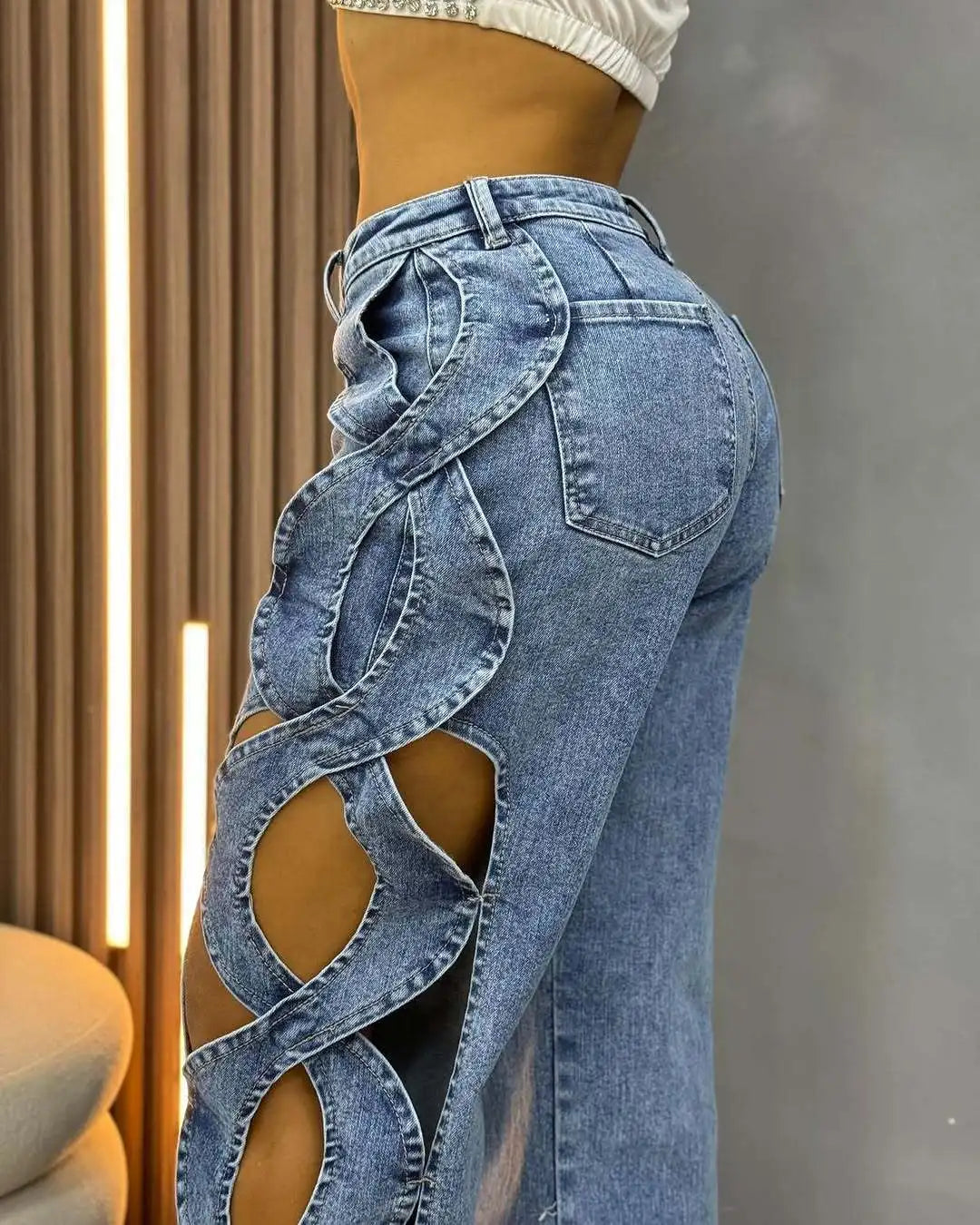 Women's Streetwear Cutout Hollow Out Criss Cross Side Wide Leg Blue Denim Jeans Trousers