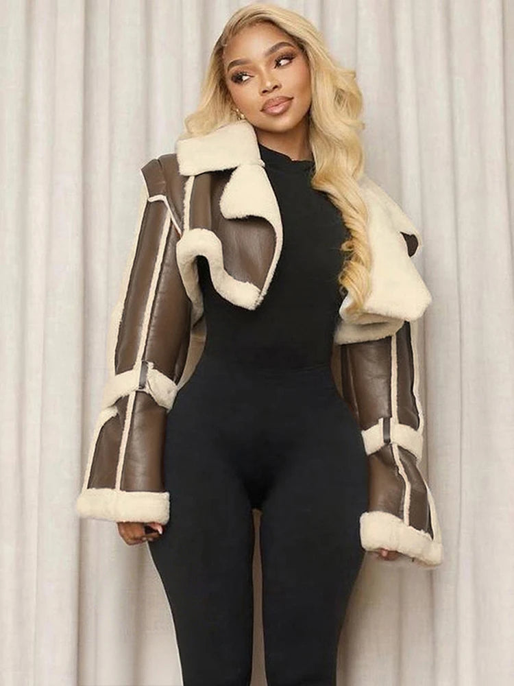 Women's Basic Furry Patchwork Crop Jacket Hipster Full Sleeve Open Stitch Streetwear Warm Outwear Trend Coat