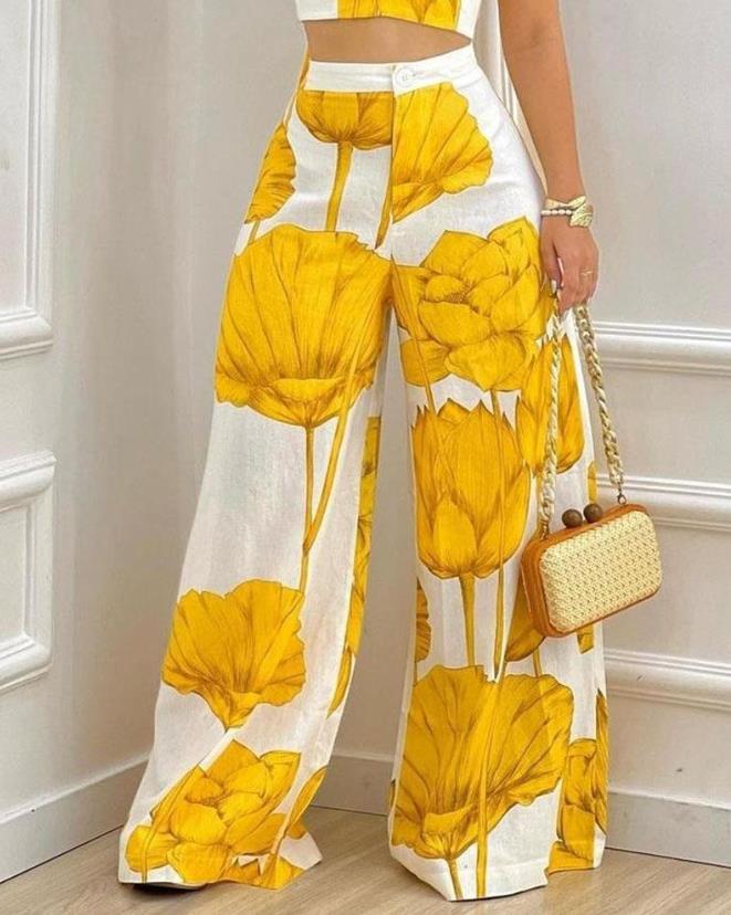Womens Two Piece Pants Sets Spring Fashion Plants Print Sleeveless Crop Cami Top Casual Wide Leg Pants Set