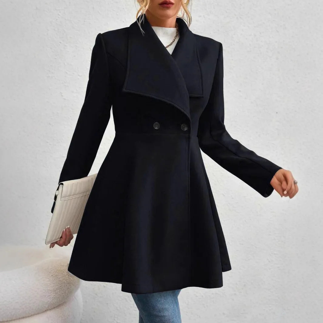 Women's Casual Solid Color Double-button Trendy Slim Long Sleeve Turn-down Collar Wool Coats Female Clothes