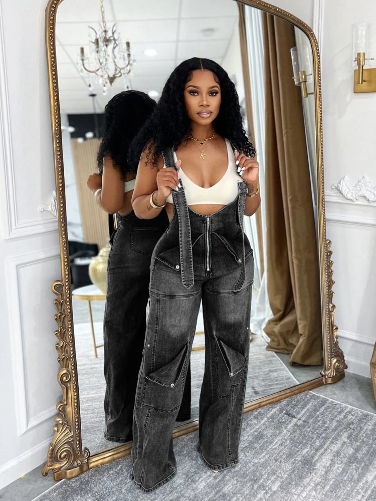 Women's Loose High Waisted Zip Denim Overalls Women Clothes Multi Pockets Cargo Jeans Trousers Casual Wide Leg Jumpsuits