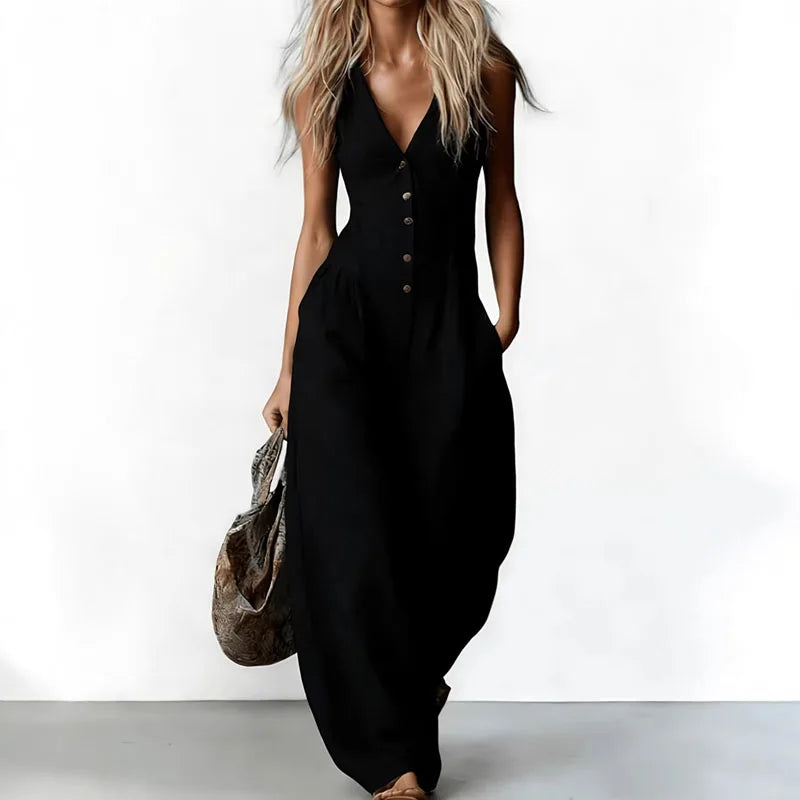 Women's Spring Casual Rompers Pocket Wide Leg Jumpsuit V Neck Button Summer Sleeveless Vacation Beach Overalls