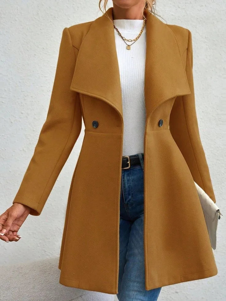 Women's Casual Solid Color Double-button Trendy Slim Long Sleeve Turn-down Collar Wool Coats Female Clothes
