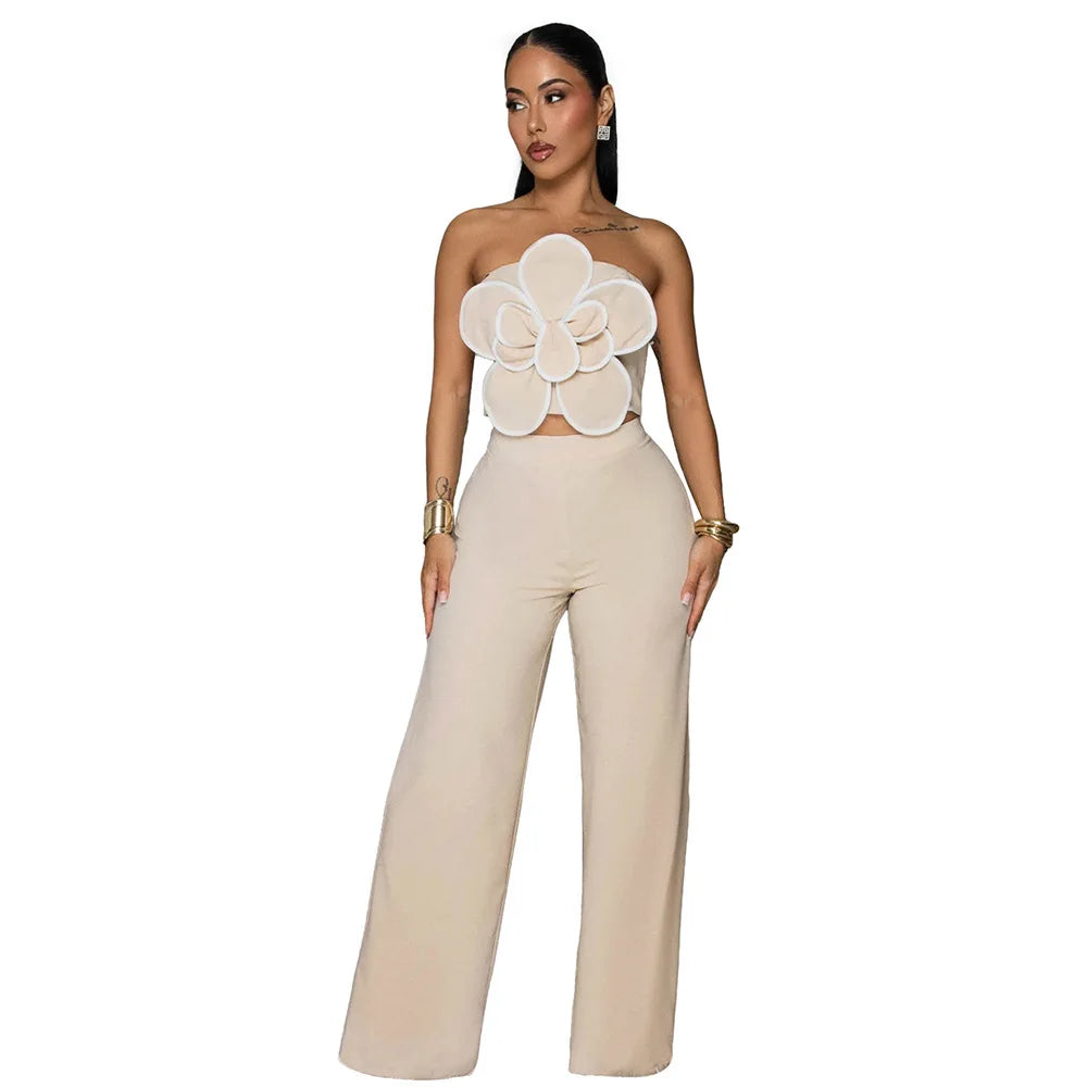 Women's New Arrival Solid Color Contrast Piping 3D Floral Bandeau Crop Top + High Waist Wide Leg Pants Matching Sets
