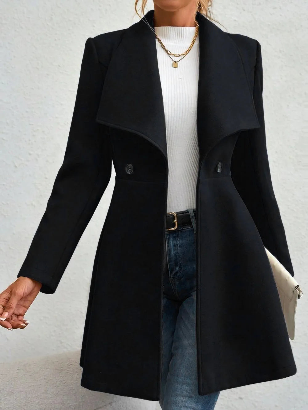 Women's Casual Solid Color Double-button Trendy Slim Long Sleeve Turn-down Collar Wool Coats Female Clothes