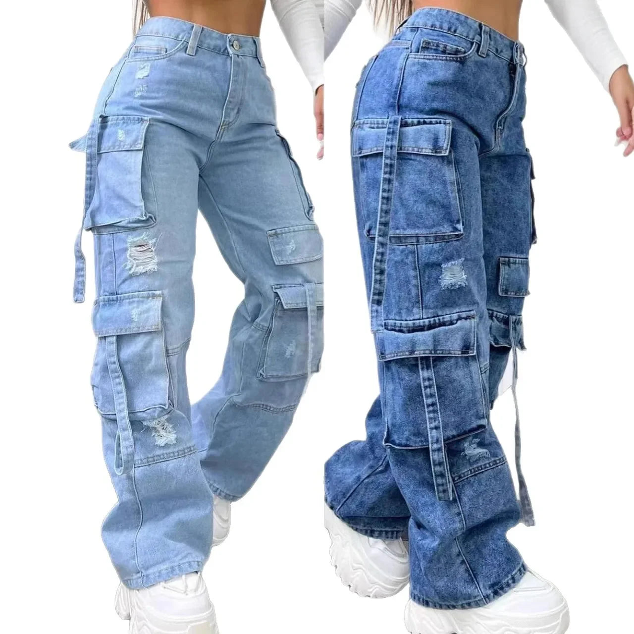 Women's New Casual Fashion Workwear Denim High Waist Multi Pocket Loose Fit Jeans Versatile plus Size