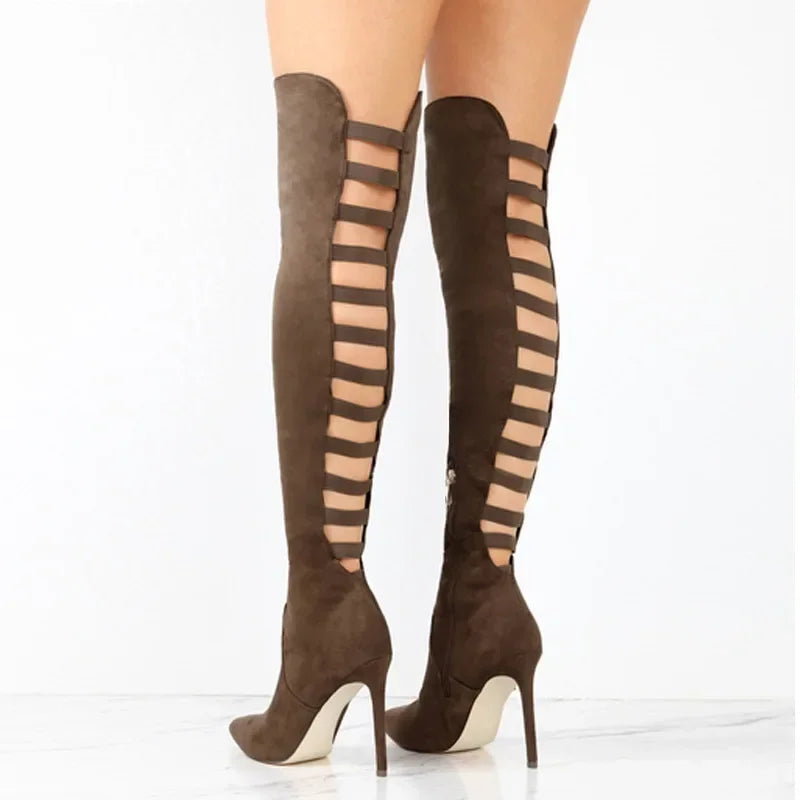 Women's Autumn Black Long Heel Boots Over the Knee Thigh High Heel Boots Stretch Boot