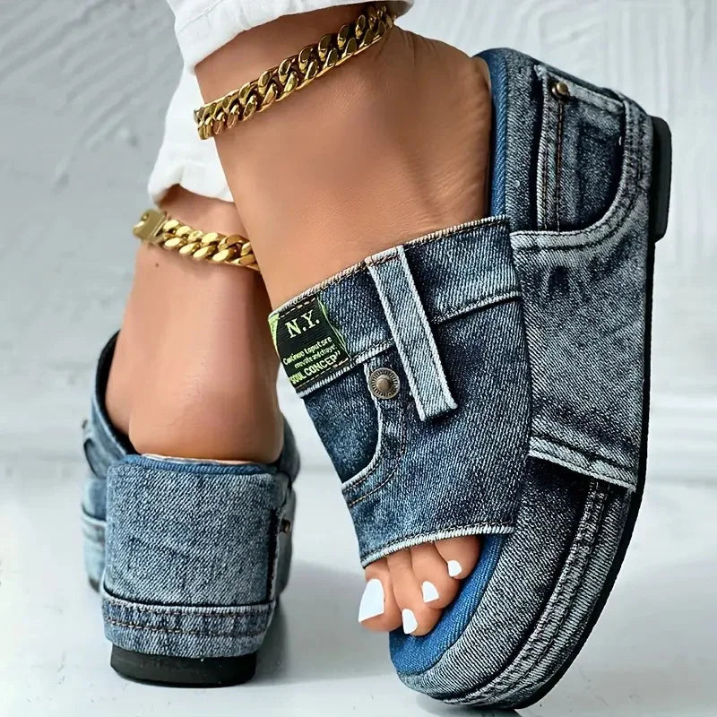 Women's New Elegant Casual Denim Summer Slippers Comfortable Slip-on Shoes Beach Walking Slippers
