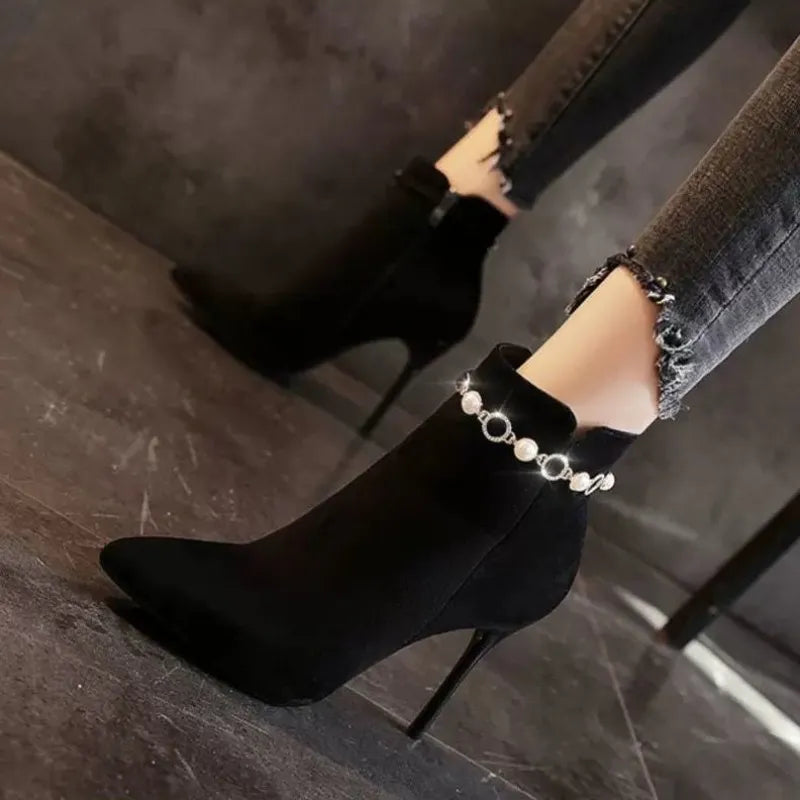Women's Pointed Toe Sexy Ankle Boots Footwear Very High Heels Shoes for Woman Rhinestone Boots