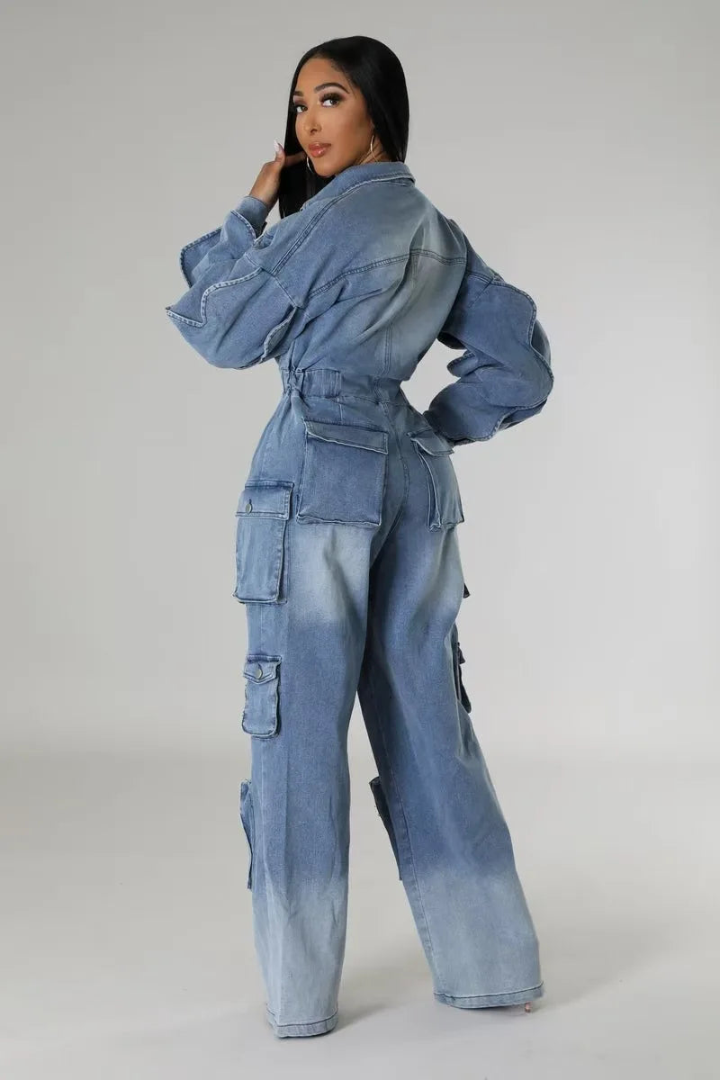 Women Overalls Denim Jumpsuits Long Sleeve Ruffles Pockets Streetwear Straight Pants Jeans