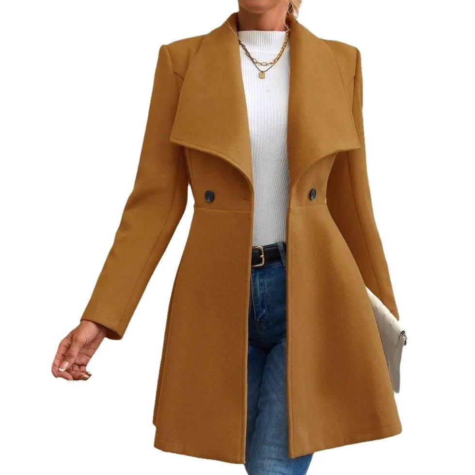 Women's Casual Solid Color Double-button Trendy Slim Long Sleeve Turn-down Collar Wool Coats Female Clothes