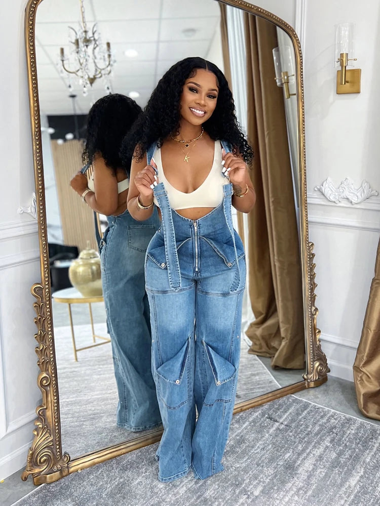 Women's Loose High Waisted Zip Denim Overalls Women Clothes Multi Pockets Cargo Jeans Trousers Casual Wide Leg Jumpsuits