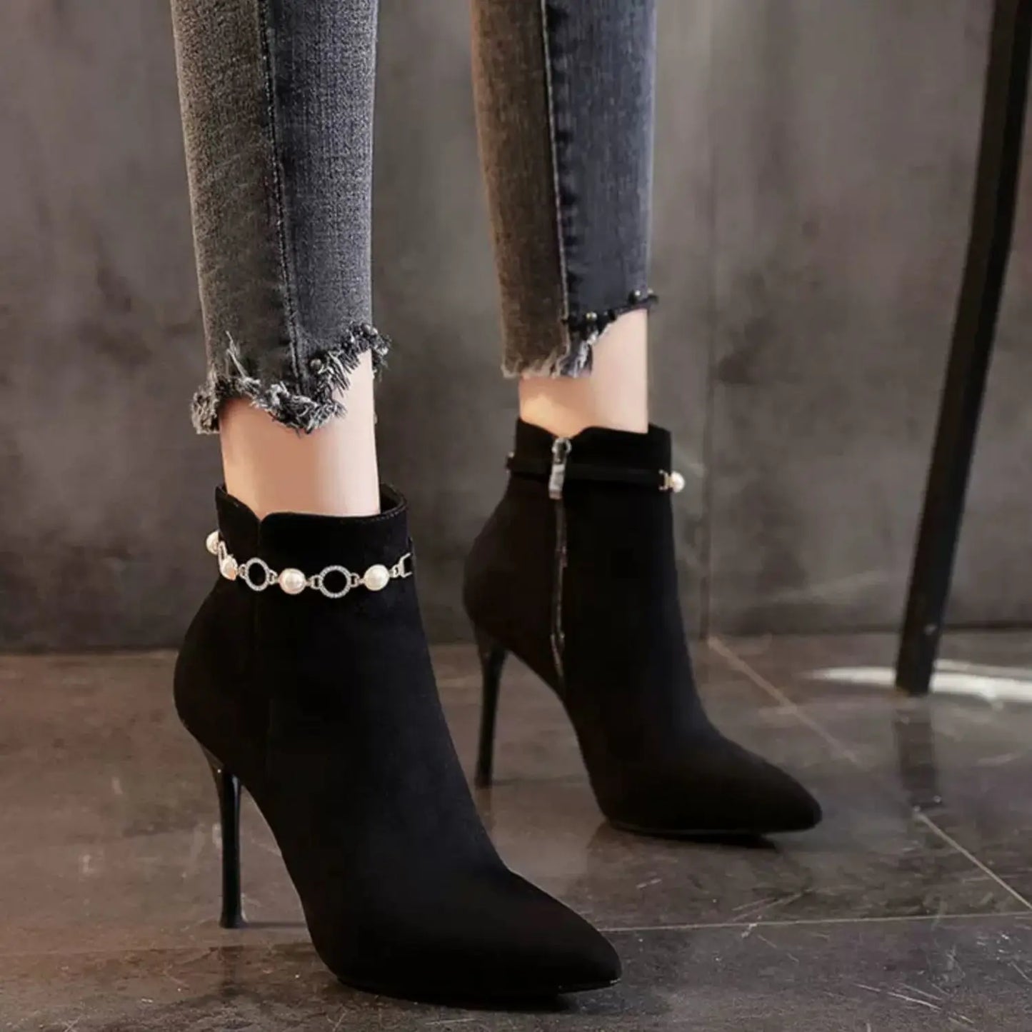Women's Pointed Toe Sexy Ankle Boots Footwear Very High Heels Shoes for Woman Rhinestone Boots