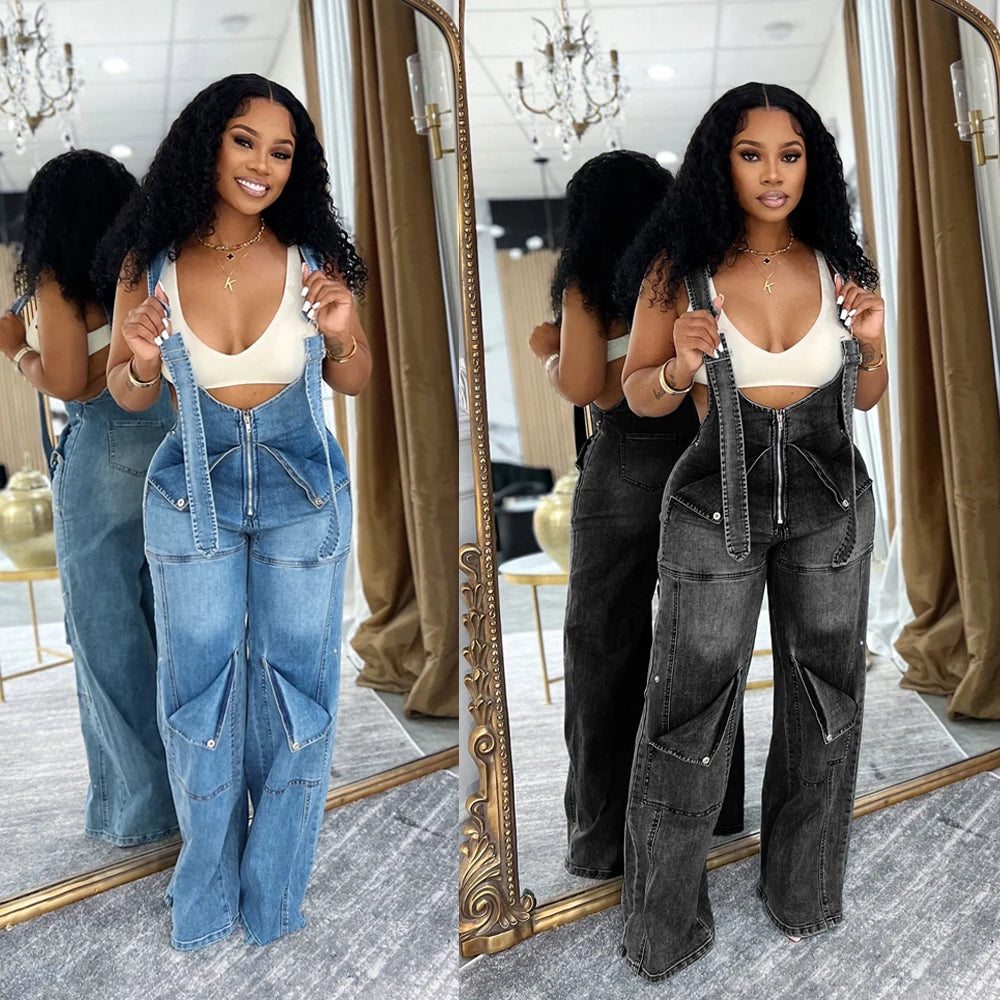 Women's Loose High Waisted Zip Denim Overalls Women Clothes Multi Pockets Cargo Jeans Trousers Casual Wide Leg Jumpsuits