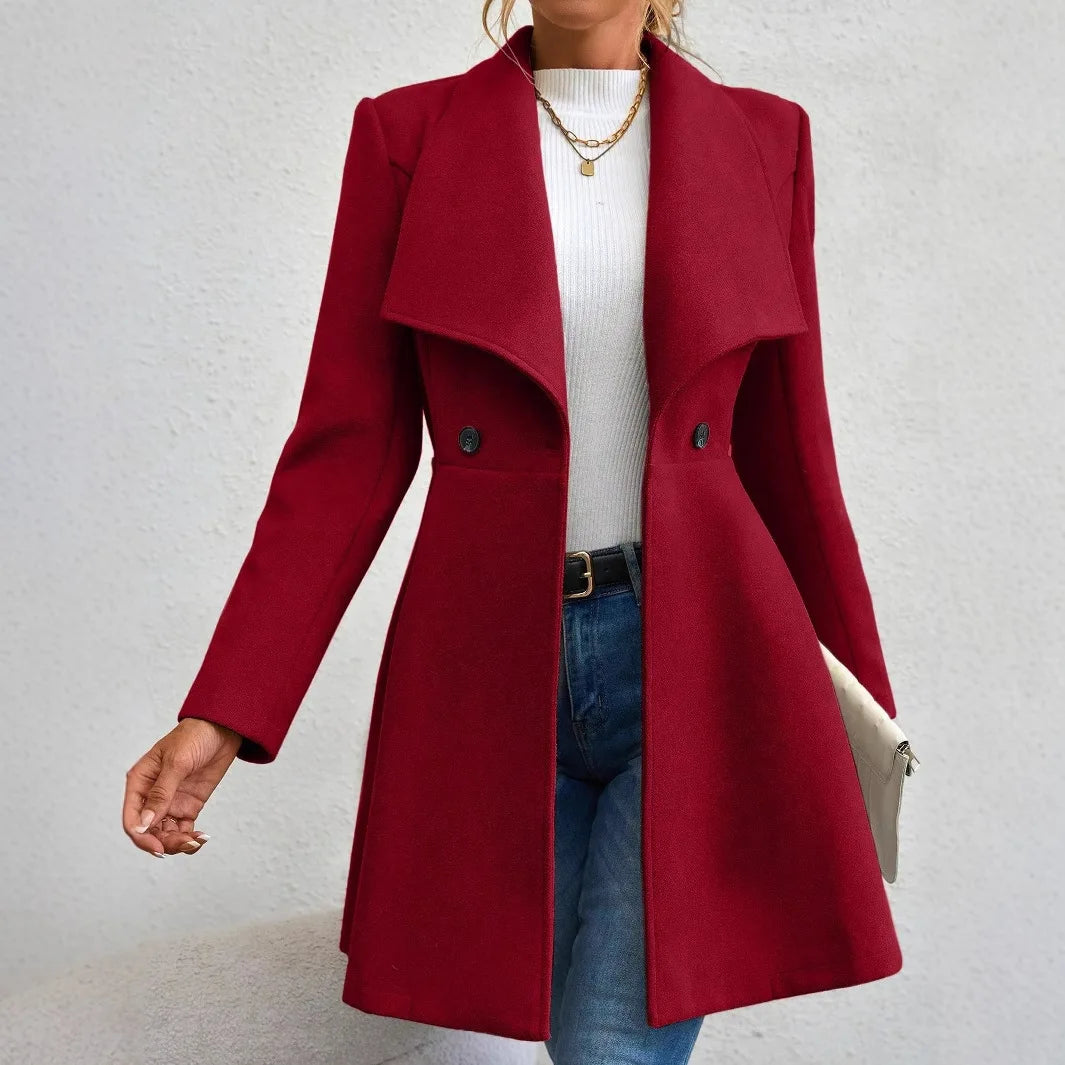 Women's Casual Solid Color Double-button Trendy Slim Long Sleeve Turn-down Collar Wool Coats Female Clothes