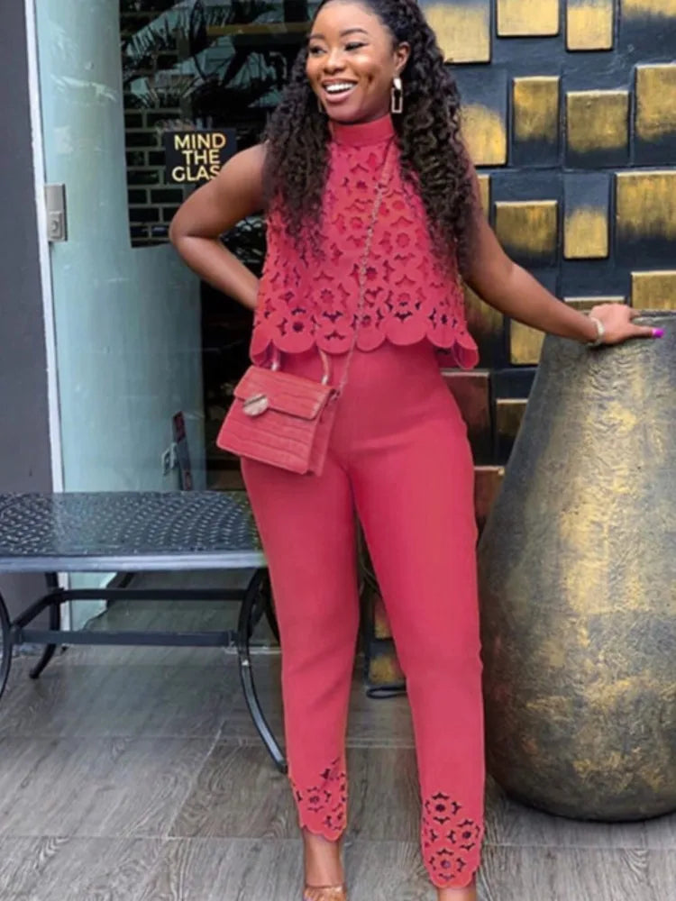 Women's Spring Summer Fashion Suits Hollowood Sleeveless O Neck Women's Simple Slim Suit Pants Elegant Office Female 2 Piece Set