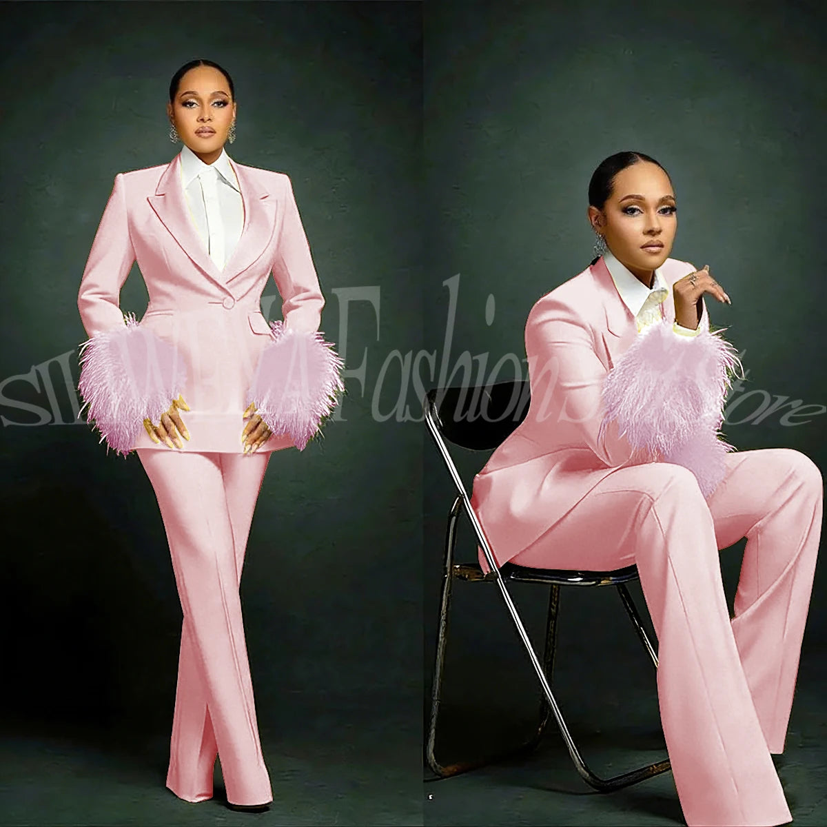 Women's Luxury Feather Applique Single Breasted 2 Piece Suits