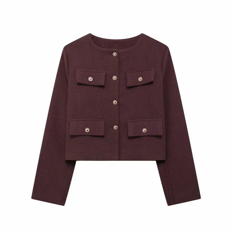 Women's Autumn/Winter Vintage Jackets crew neck gold button flip pocket embellishment short coat