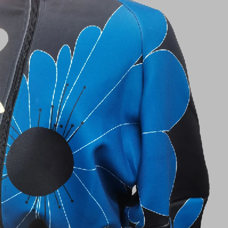Women Autunm Flower Printed Thin Jacket Fashion Zippered Coat Stand Collar Puff Sleeve Loose Outerwear