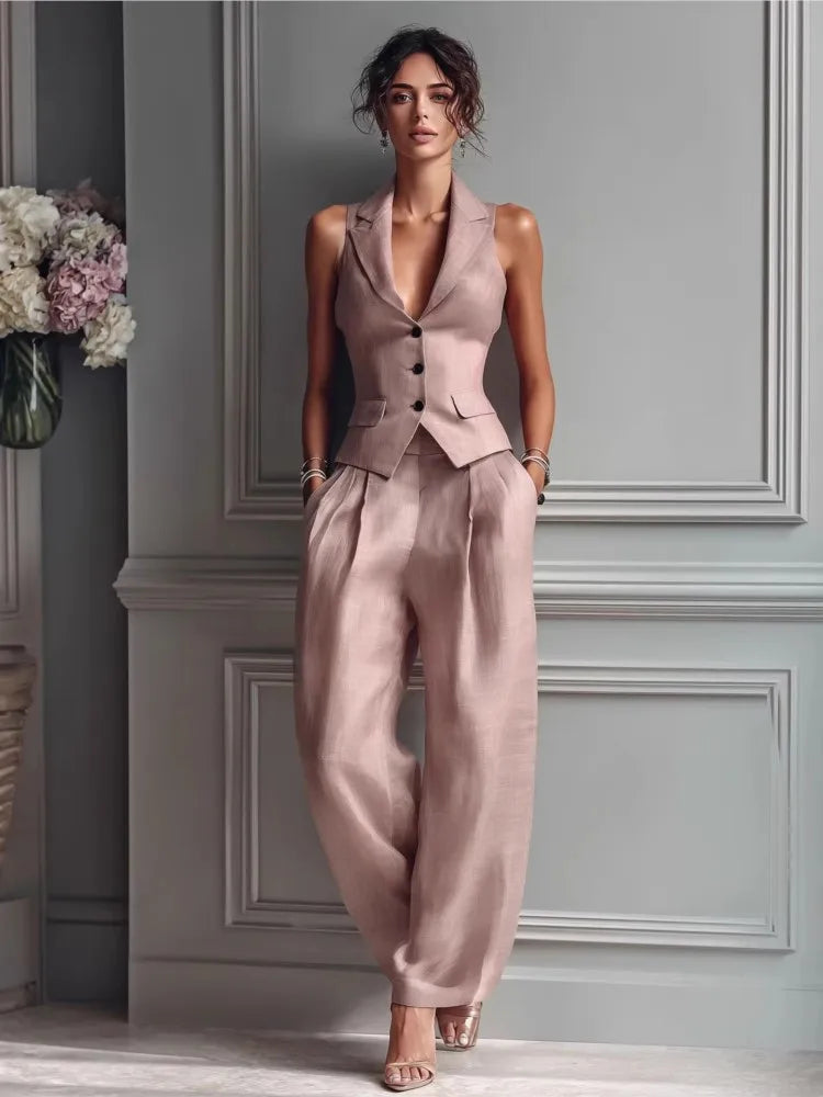 Women's Summer New Fashion Single-breasted Sleeveless Top + Trousers 2-piece Set Women's 2026 Slim Vest Suit Collar Trousers Office Suit