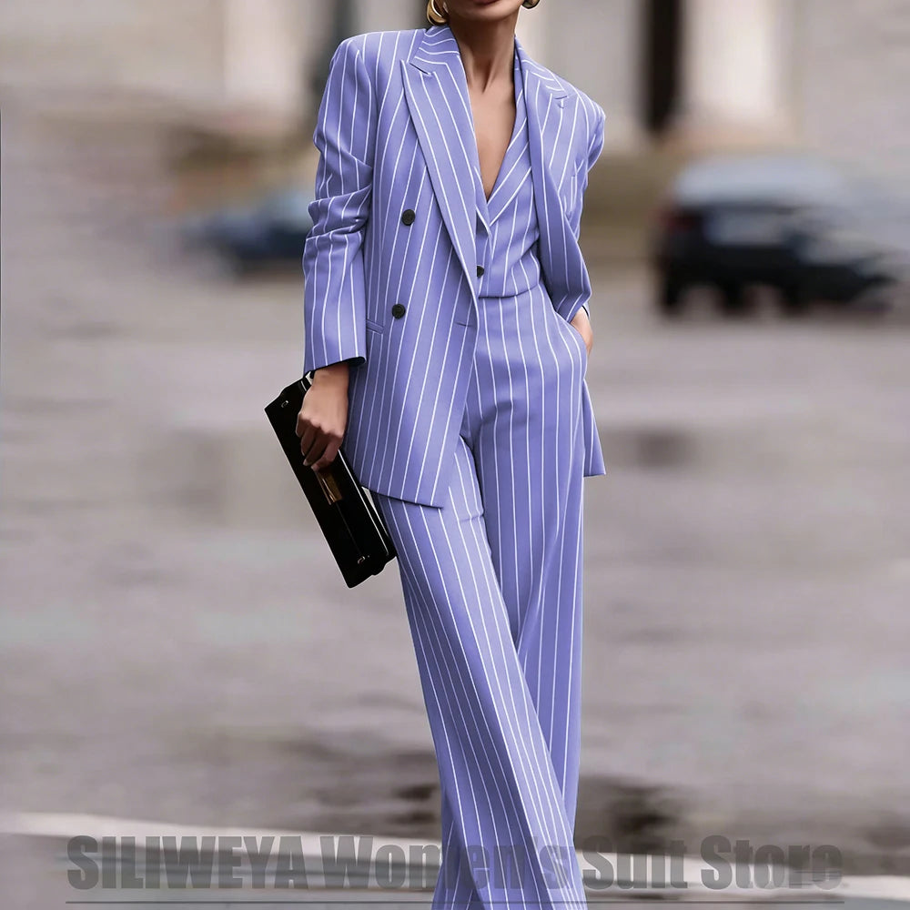 Navy Women's Double Breasted Striped 3 Piece Suits Blazer Vest Wide-Leg Pants Set Fashion Formal Party Office Casual Outfit