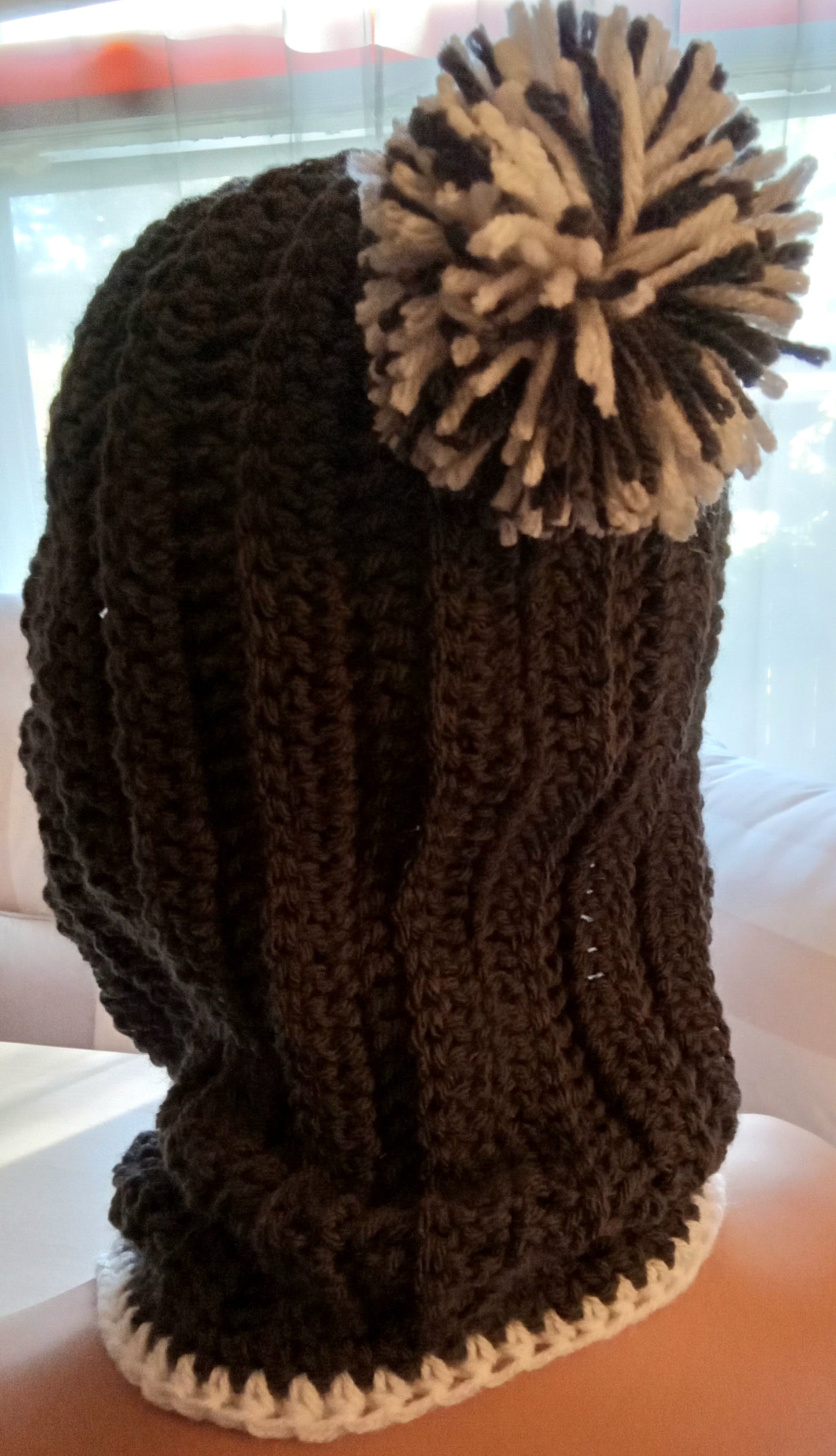 Soft gray and white crochet hood