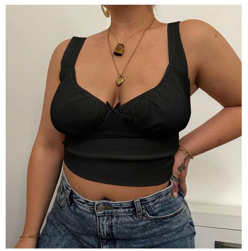 Women Summer Crop Tops Lady Girls Summer White Ruched Tanks Bow Slim Camis Ladies Wide Strap Tees Skinny Femme Camisole S M L