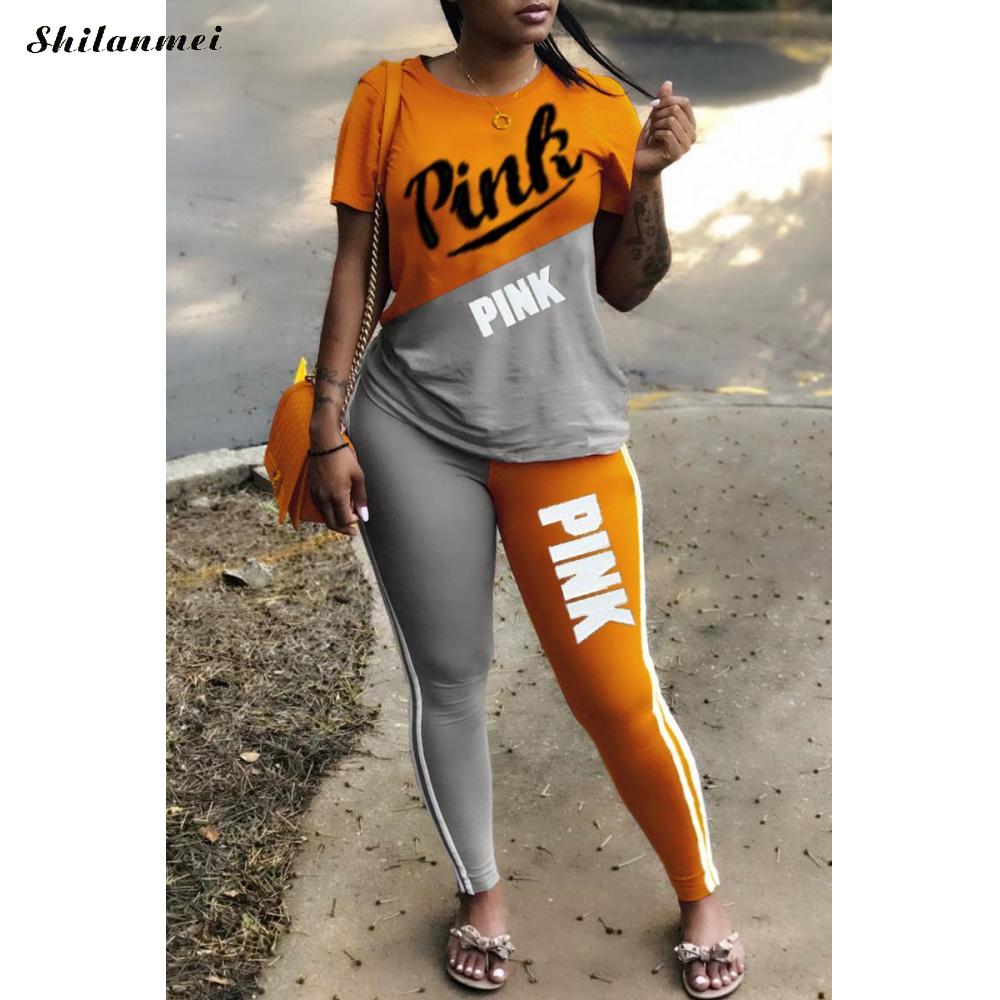 Women New Pink Letter Print Two Piece Sets Tracksuit