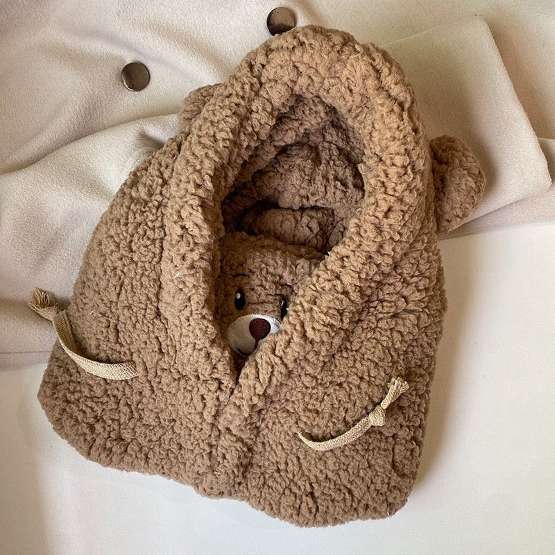 Cartoon Bear Ear Lamb Beanie Hat with Mask Warm Winter Thickened Ear Protection for Women Scarf03 / 56-58cm